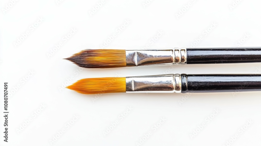 Pair of paintbrushes, laid side by side, isolated on white, Pair of paintbrushes, laid side by side, isolated on white,