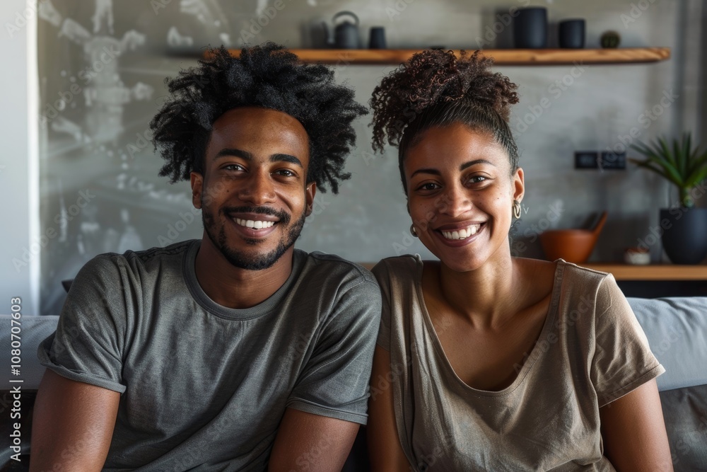 Portrait of a jovial afro-american couple in their 30s dressed in a casual t-shirt in modern minimalist interior Portrait of a jovial afro-american couple in their 30s dressed in a casual t-shirt in modern minimalist interior
