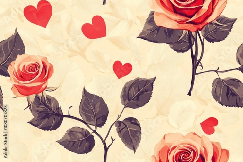 Wallpaper Mural Romantic Rose and Hearts Seamless Pattern Torontodigital.ca
