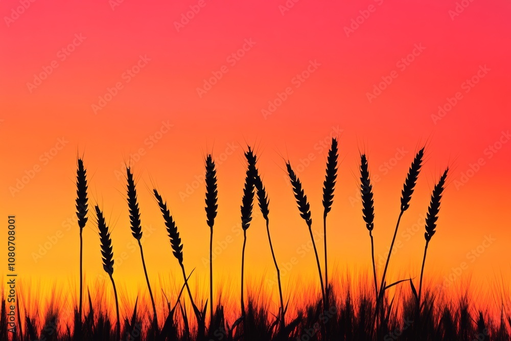 Silhouette of wheat stalks with a vivid sunset backdrop, showcasing the beauty of rural landscapes and agriculture. Silhouette of wheat stalks with a vivid sunset backdrop, showcasing the beauty of rural landscapes and agriculture.