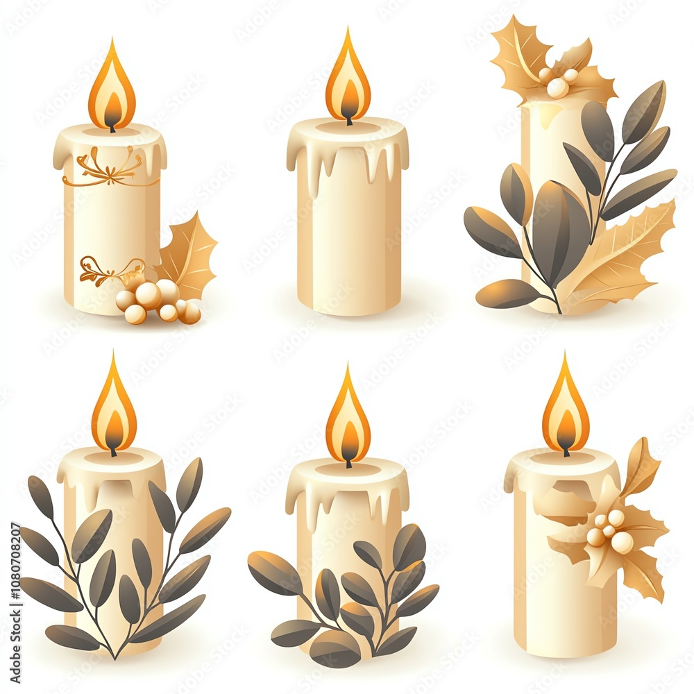 A collection of decorative candles adorned with foliage, showcasing warm, earthy tones and a serene ambiance. A collection of decorative candles adorned with foliage, showcasing warm, earthy tones and a serene ambiance.