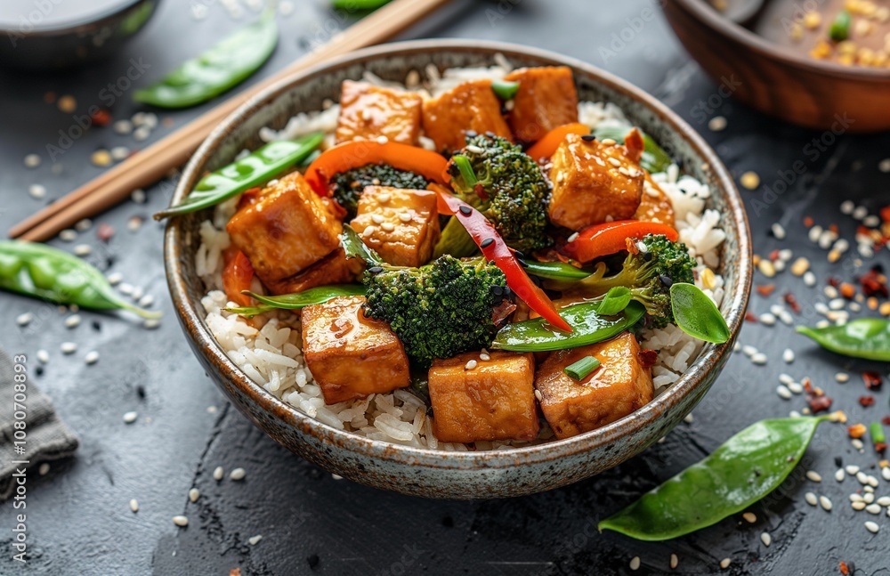 Fototapeta premium A healthy, vegan stir-fried tofu and mixed veggies served over rice.
