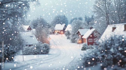 Picturesque winter village with snow-laden houses and trees, illuminated by warm lights, creating a serene and cozy atmosphere.