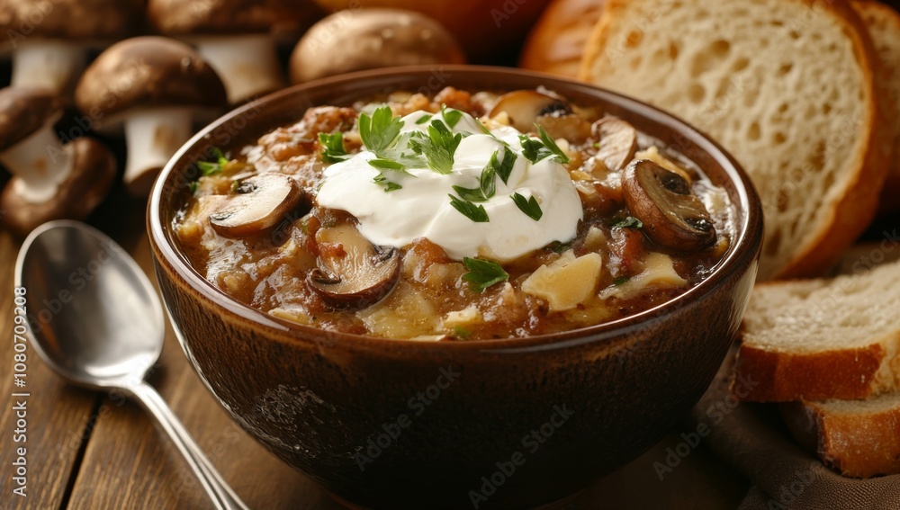 Bowl of Mushroom and Sausage Borscht Topped with Sour Cream, Set Against Earthy Wooden Table with Cooking Mushrooms and Bread Slices Bowl of Mushroom and Sausage Borscht Topped with Sour Cream, Set Against Earthy Wooden Table with Cooking Mushrooms and Bread Slices