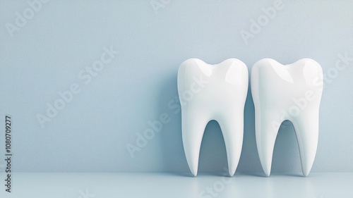 A close-up of two realistic white teeth against a light blue background, representing dental care and hygiene.