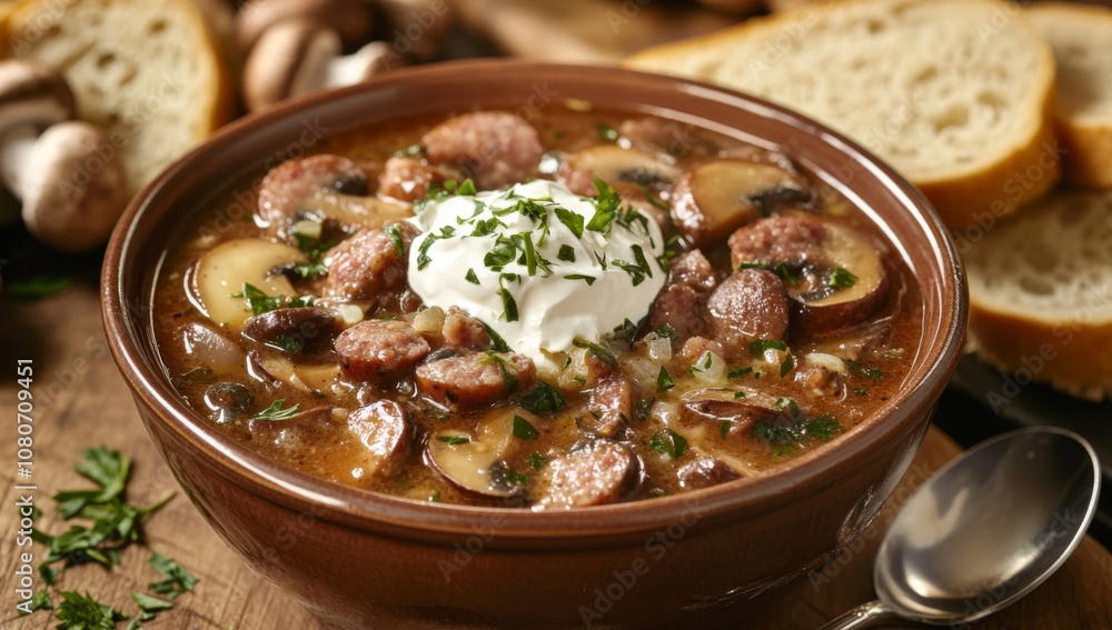 Bowl of Mushroom and Sausage Borscht Topped with Sour Cream, Set Against Earthy Wooden Table with Cooking Mushrooms and Bread Slices Bowl of Mushroom and Sausage Borscht Topped with Sour Cream, Set Against Earthy Wooden Table with Cooking Mushrooms and Bread Slices