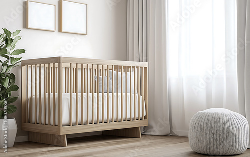 Cozy nursery featuring soft pastel tones, light wooden crib, and plush pouf. serene atmosphere is perfect for baby restful environment