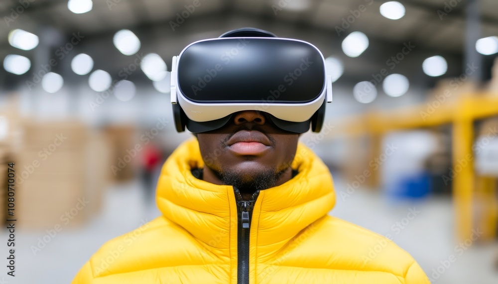 A person wearing a VR headset in a warehouse, immersed in a virtual reality experience. A person wearing a VR headset in a warehouse, immersed in a virtual reality experience.