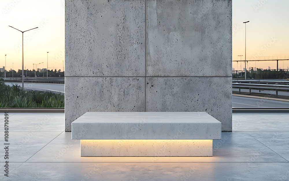 Modern concrete podium with soft lighting, set against minimalist backdrop at sunset. sleek design enhances serene atmosphere of urban environment Modern concrete podium with soft lighting, set against minimalist backdrop at sunset. sleek design enhances serene atmosphere of urban environment