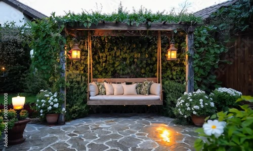 Modern garden with sofas, pillows and teapoy surrounded by lush green plants and flowers photo