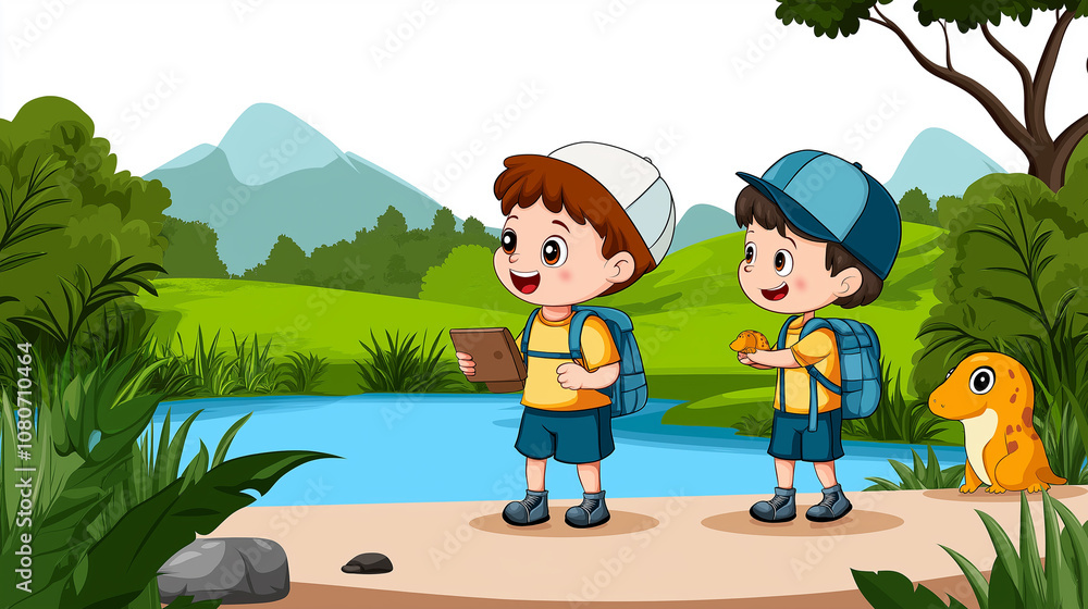 a 2D cartoon of nature engaging in an activity relevant to the theme of nature a 2D cartoon of nature engaging in an activity relevant to the theme of nature