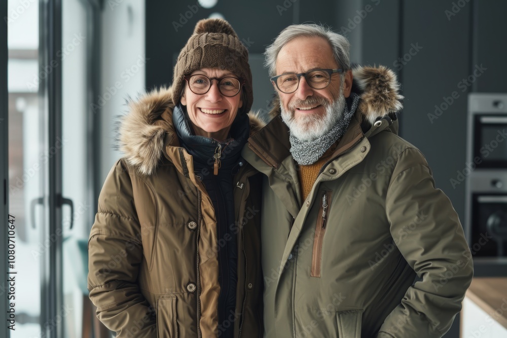 Portrait of a glad couple in their 40s wearing a warm parka on modern minimalist interior Portrait of a glad couple in their 40s wearing a warm parka on modern minimalist interior