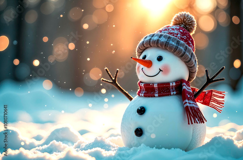 Kind snowman in a red hat in the winter forest