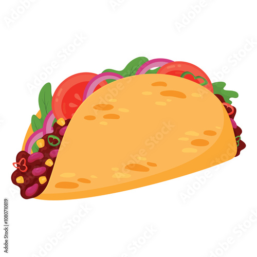 Tasty tacos cartoon illustration isolated on white background. Mexican fast-food snack, street food take away tex mex meal. Tortilla sandwich stuffed with meat, beans and vegetables