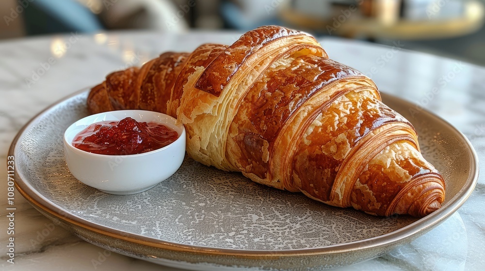 A Single Croissant with a Bowl of Red Jam on a Gray Plate A Single Croissant with a Bowl of Red Jam on a Gray Plate
