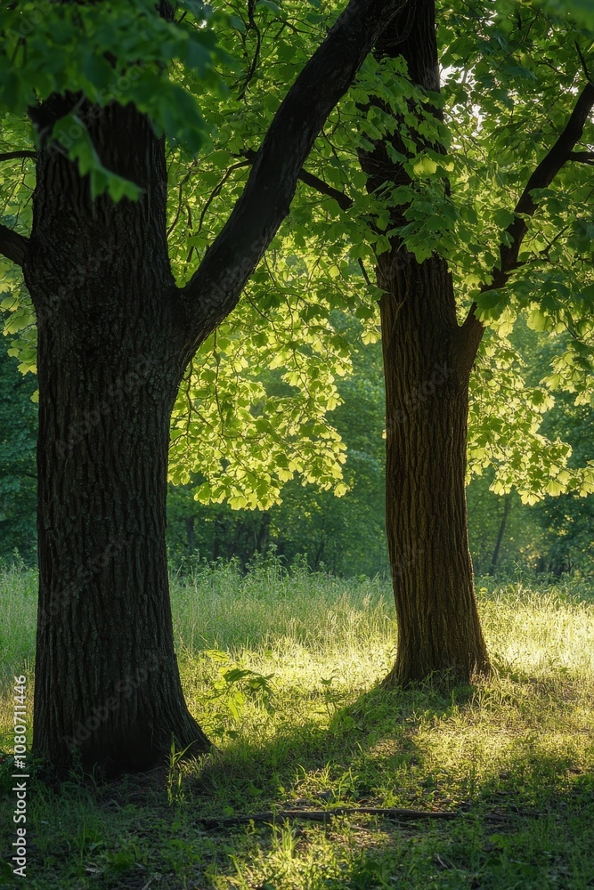 Sunlight streams through vibrant green leaves in a tranquil forest, creating a serene and peaceful atmosphere. Sunlight streams through vibrant green leaves in a tranquil forest, creating a serene and peaceful atmosphere.