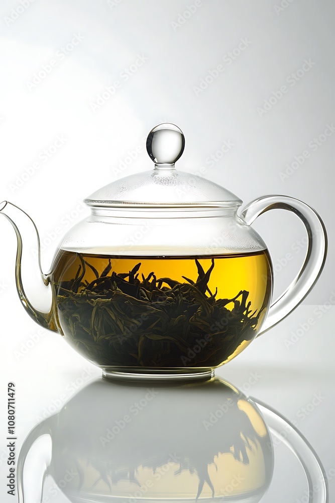 A glass teapot with loose tea leaves inside, isolated on a white background. A classic transparent pot of green or black tea is filled to the brim and ready for brewing in an elegant teacup. A glass teapot with loose tea leaves inside, isolated on a white background. A classic transparent pot of green or black tea is filled to the brim and ready for brewing in an elegant teacup.