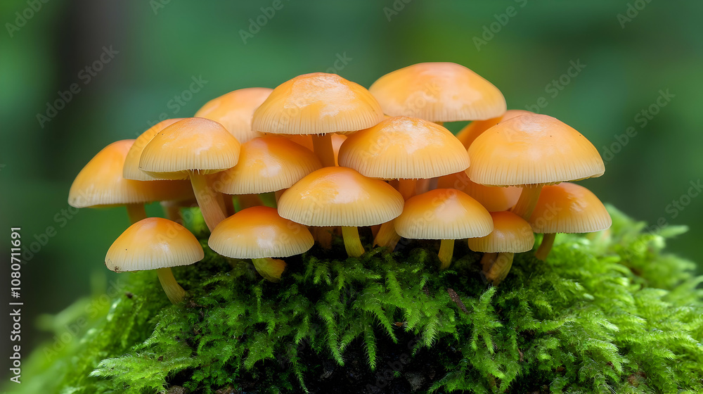 Cluster of Orange Mushrooms Growing on Green Moss - Realistic Image Cluster of Orange Mushrooms Growing on Green Moss - Realistic Image