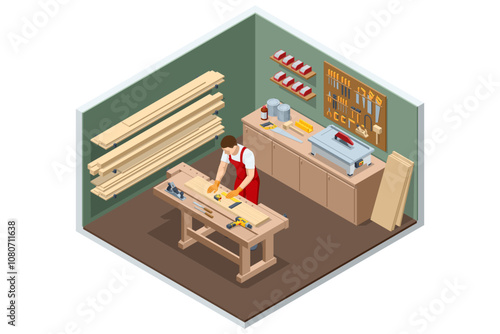 Isometric Carpenter Working on Woodworking Machines in carpentry Shop. Woodworking Machine. Carpentry Workshop