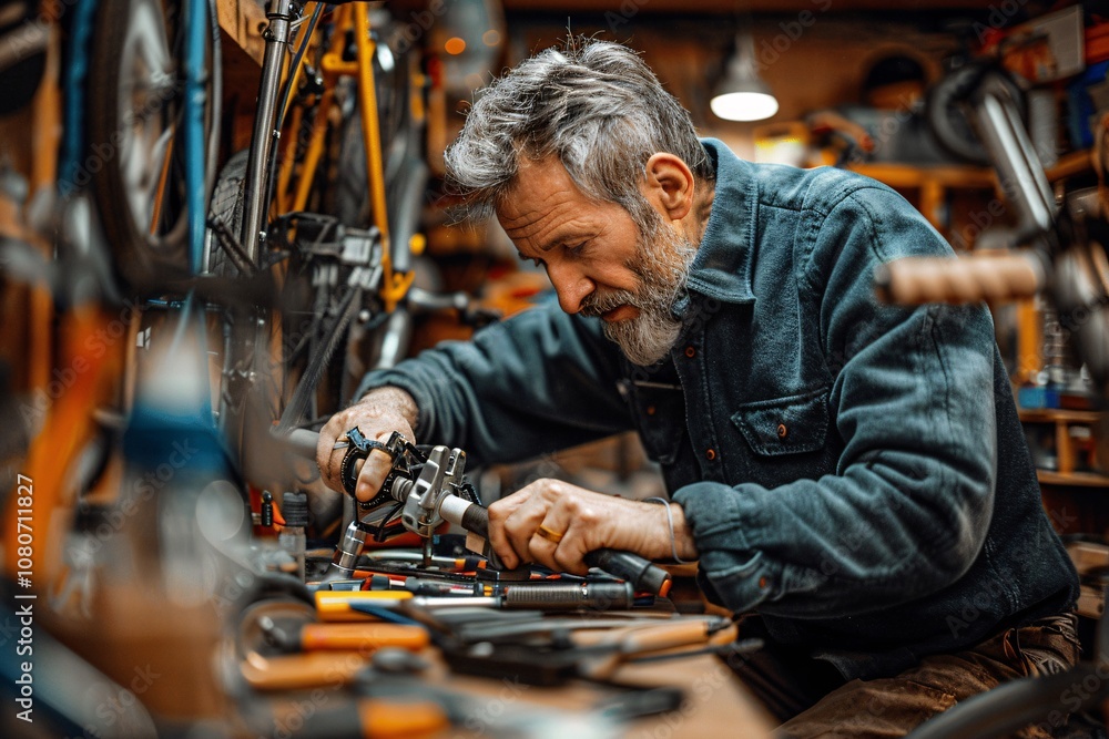 A mechanic focuses intently on fixing a bicycle, surrounded by various tools and bike parts in a cluttered workshop. The atmosphere reflects a dedicated workspace for repairs A mechanic focuses intently on fixing a bicycle, surrounded by various tools and bike parts in a cluttered workshop. The atmosphere reflects a dedicated workspace for repairs