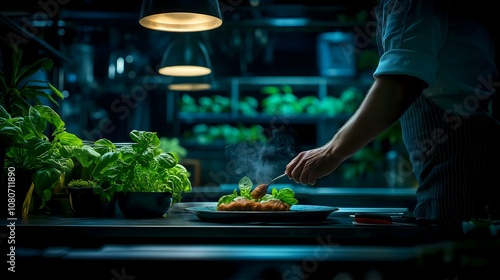 A chef plating a colorful dish in a dimly lit kitchen with fresh herbs in the background. photo