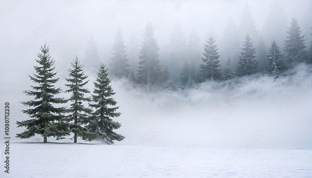 Naklejka premium winter landscape with fir trees and fog