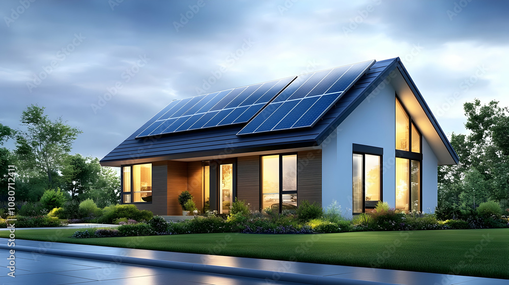 A modern, eco-friendly passive house with a photovoltaic system on the roof and landscaped yard. Solar panels on the gable roof, A modern, eco-friendly passive house with a photovoltaic system on the roof and landscaped yard. Solar panels on the gable roof,