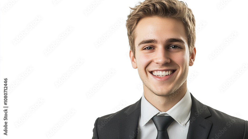 Confident Young Man Smiling in Business Attire with a Professional Look Against a Clean White Background Confident Young Man Smiling in Business Attire with a Professional Look Against a Clean White Background