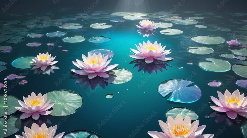Floating glass ponds with water lilies made of iridescent petals. The water should be perfectly clear, and the lilies should glow softly, adding a surreal and peaceful effect Floating glass ponds with water lilies made of iridescent petals. The water should be perfectly clear, and the lilies should glow softly, adding a surreal and peaceful effect