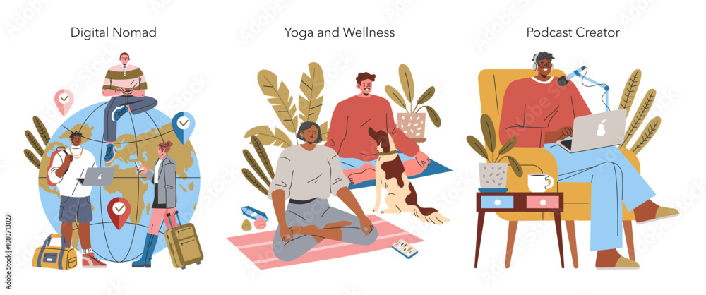 Fototapeta premium Millennial Hobbies. Flat Vector Illustration