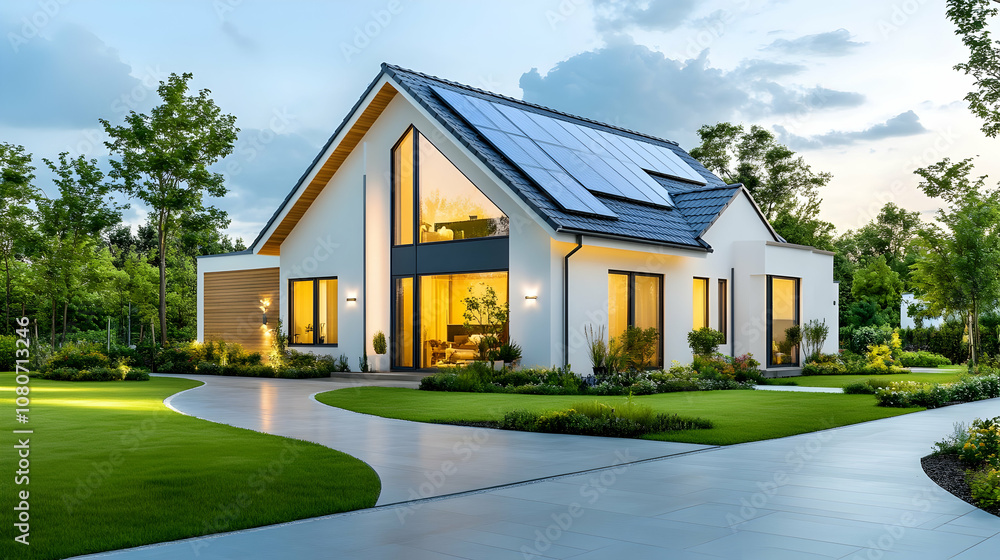 A modern, eco-friendly passive house with a photovoltaic system on the roof and landscaped yard. Solar panels on the gable roof, A modern, eco-friendly passive house with a photovoltaic system on the roof and landscaped yard. Solar panels on the gable roof,