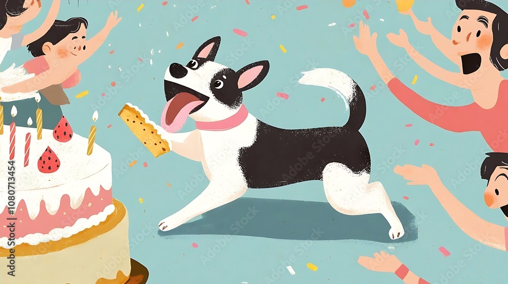 Happy Birthday Dog with Cake and Confetti Happy Birthday Dog with Cake and Confetti