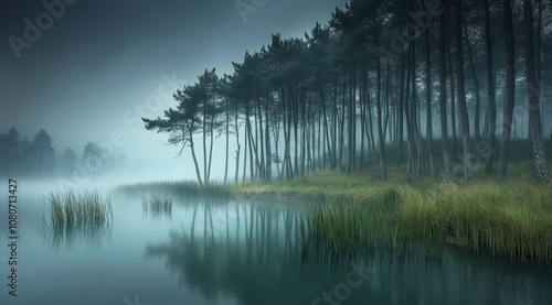 A serene misty landscape featuring tall trees, calm waters, and lush greenery, evoking a tranquil and atmospheric ambiance.