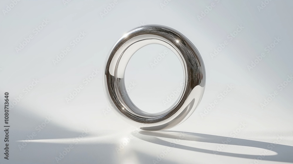 A sleek, modern silver ring sculpture with a reflective surface on a light background. A sleek, modern silver ring sculpture with a reflective surface on a light background.