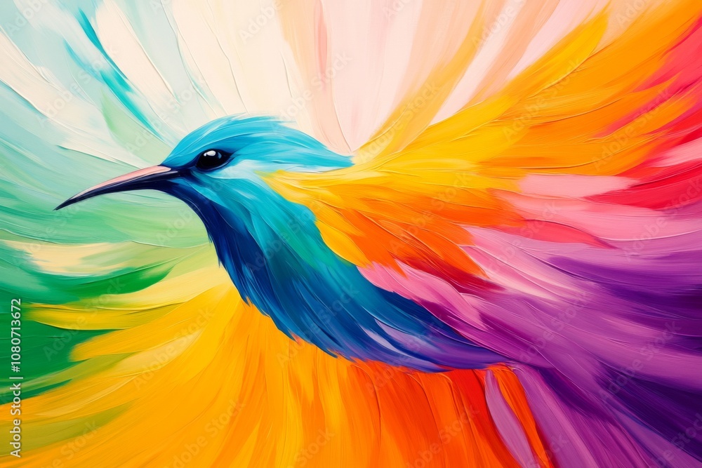 Fototapeta premium This artwork features a stunning colorful bird that appears to emerge from a vibrant splash of hues. The dynamic brush strokes evoke energy and movement celebrating natures beauty.