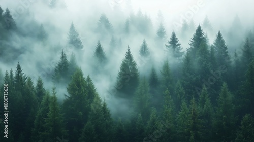 A serene view of a dense forest shrouded in mist and fog.