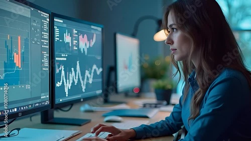 Businesswoman Analyzing Data on Multiple Computer Monitors in a Modern Office