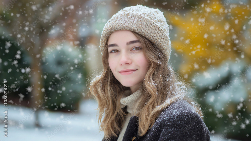 A young parson standing in softly falling snow A young parson standing in softly falling snow