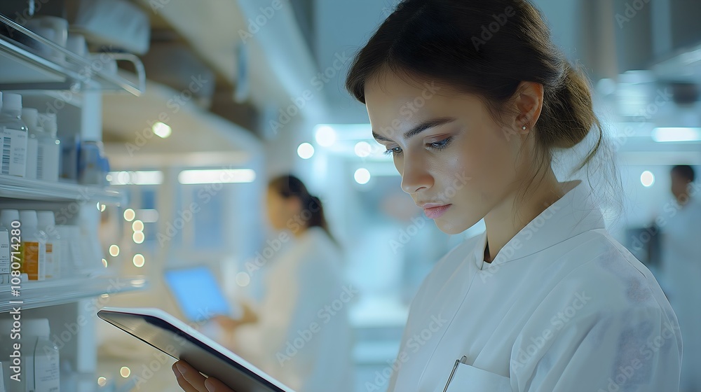 A focused woman in a lab coat using a tablet in a modern pharmacy setting. A focused woman in a lab coat using a tablet in a modern pharmacy setting.