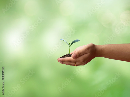 Young Green little plant on earth grow from soil isolated on green background.