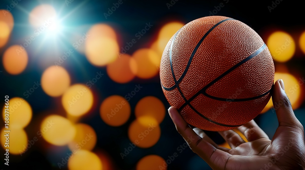 A hand holding an orange basketball against a backdrop of glowing bokeh lights, showcasing motion and excitement in sports. A hand holding an orange basketball against a backdrop of glowing bokeh lights, showcasing motion and excitement in sports.