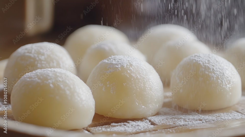 A macro view of freshly rolled mochi with a dusting of rice flour on each soft, chewy surface, creating a smooth, delicate appearance. Cinematic Scene, 4k resolution, cinematic scene A macro view of freshly rolled mochi with a dusting of rice flour on each soft, chewy surface, creating a smooth, delicate appearance. Cinematic Scene, 4k resolution, cinematic scene