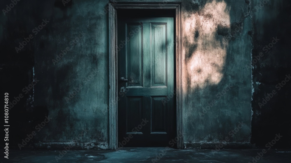 A black door with a wooden frame is standing in front of a wall. The door is open and the sunlight is shining on it. Scene is eerie and mysterious A black door with a wooden frame is standing in front of a wall. The door is open and the sunlight is shining on it. Scene is eerie and mysterious