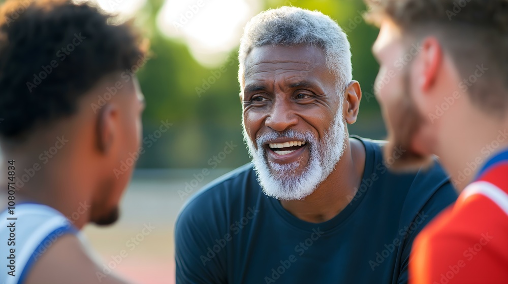 A joyful coach shares advice with young athletes, fostering teamwork and motivation on the training field. A joyful coach shares advice with young athletes, fostering teamwork and motivation on the training field.