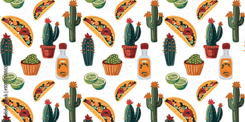 Seamless pattern with traditional Mexican aesthetics – cacti, tacos, and tequila with lime