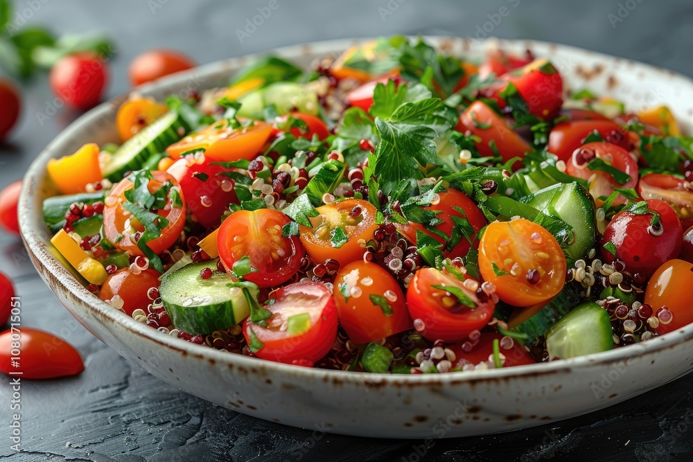 Close-up of a Fresh Salad with Red Quinoa, Cherry Tomatoes, and Cucumbers Close-up of a Fresh Salad with Red Quinoa, Cherry Tomatoes, and Cucumbers
