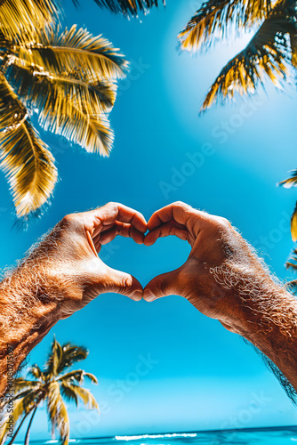 Hände formen Herz vor tropischer Kulisse am Strand photo