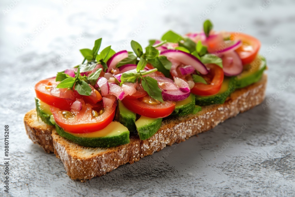 Fresh vegetable sandwich with tomatoes, cucumbers, onions, herbs Fresh vegetable sandwich with tomatoes, cucumbers, onions, herbs
