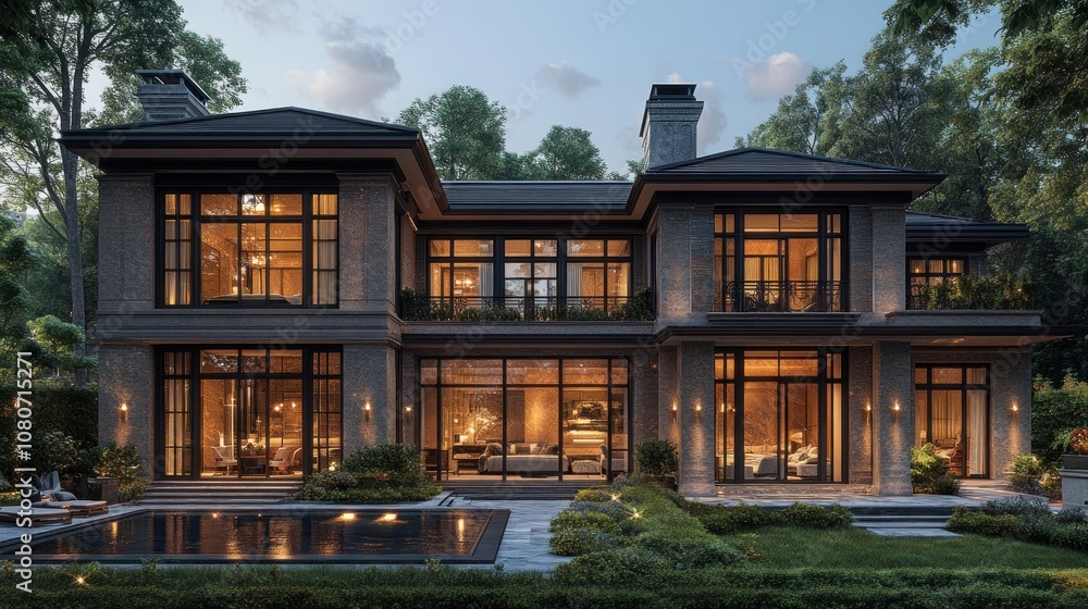 Elegant modern house with large windows and a pool at dusk. Elegant modern house with large windows and a pool at dusk.