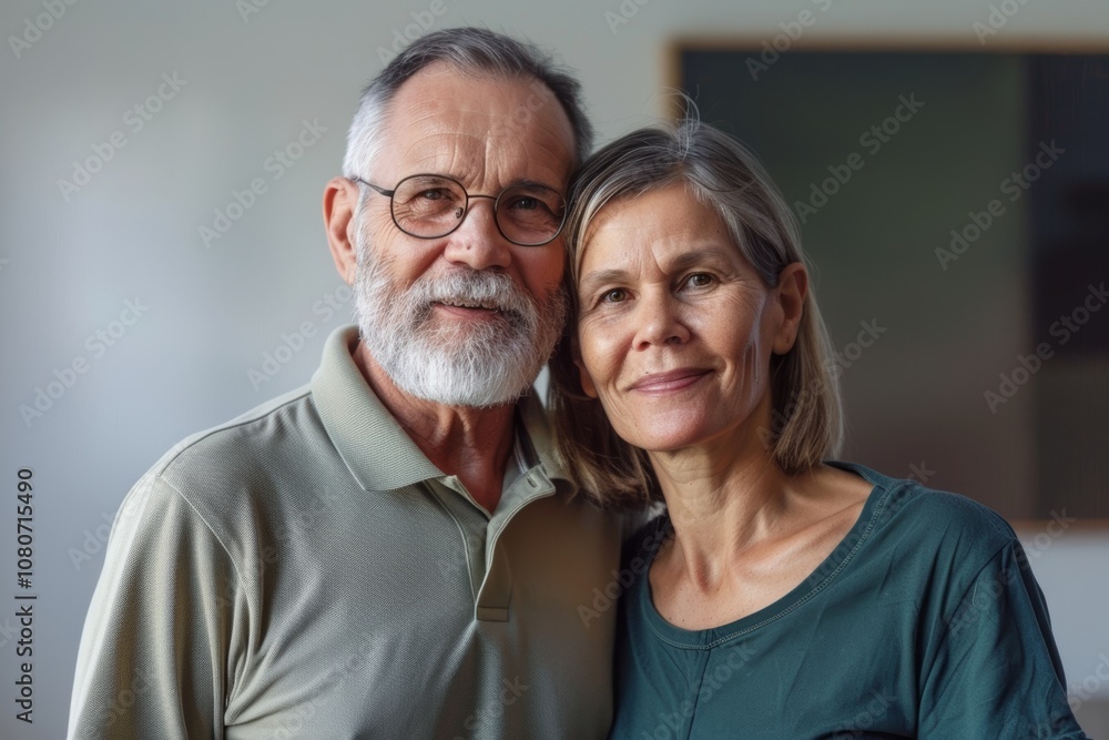 Portrait of a blissful couple in their 50s wearing a sporty polo shirt in modern minimalist interior Portrait of a blissful couple in their 50s wearing a sporty polo shirt in modern minimalist interior